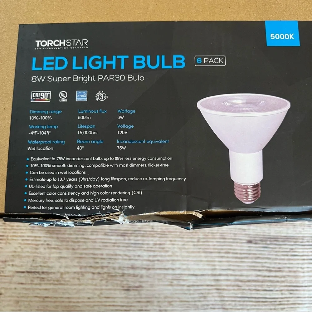 TorchStar LED Light‎ Bulb 8W Super Bright PAR30 5000K 120V (6 Pack) Dimmable OB